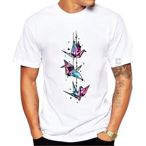 100% Cotton Origami Crane Design Men T-Shirt O Neck Paper Crane Watercolor Printed Graphic Tshirt Casual Tops Summer Tees