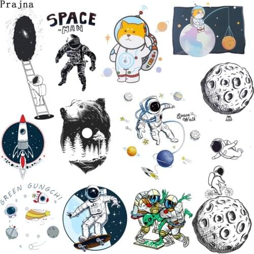 Prajna Iron on Patches DIY Space Cat Heat Transfer Patches Space Astronaut thermal Sticker Applique Alien Patch Clothing Kids