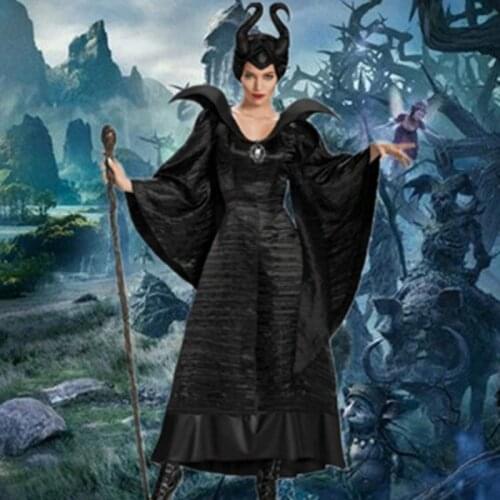 New Adult Deluxe Maleficent Christening Black Gown Halloween Witch Cosplay Fancy Dress Costume Carnival Party Clothing Outfit