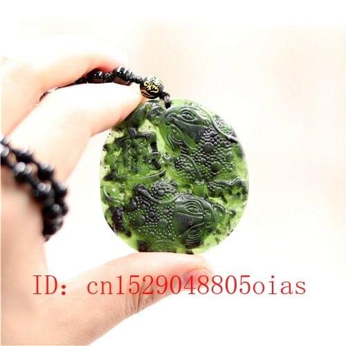 Natural Black Green Chinese Jade Wealth Pendant Beads Necklace Charm Jewelry Obsidian Carved Toad Amulet Gifts for Her Men