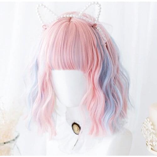 HUAYA Synthetic Short Wave Bob Wig with Bangs Cute Girl Lolita Cosplay Wigs For Women Pink Green Purple Natural False Hair