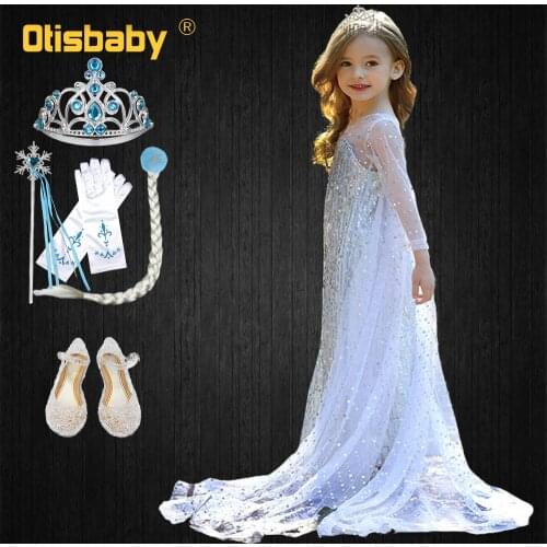 Snow Queen 2 White Girls Elsa Dress Christmas Halloween Elsa Anna Costume Child Birthday Party Silver Sequined Long Tail Dresses