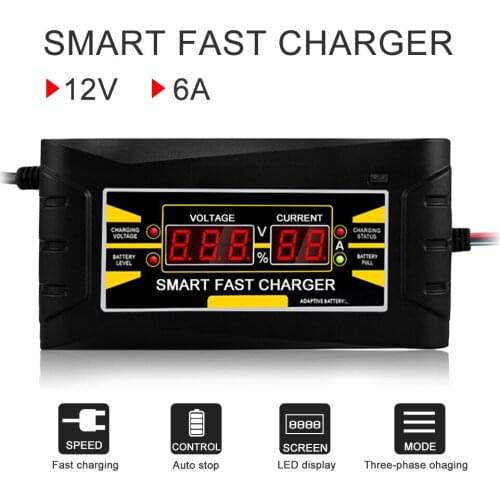 EU Plug Full Automatic Car Battery Charger 110V/220V To 12V 6A/10A Smart Fast Power Charging For Wet Dry Lead Acid LCD Display
