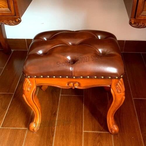All Solid Wood American Bedroom Dressing Stool European Style Carved Sofa Stool Leather Art Shoe Changing Stool Dining Stool