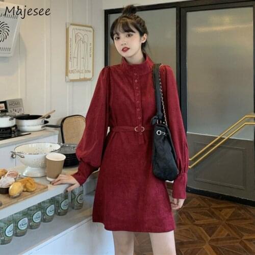 Long Lantern Sleeve Mini Dress Solid Red Single Breasted Turtle Korean Style Evening Party Office Lady Leisure Loose Vintage New