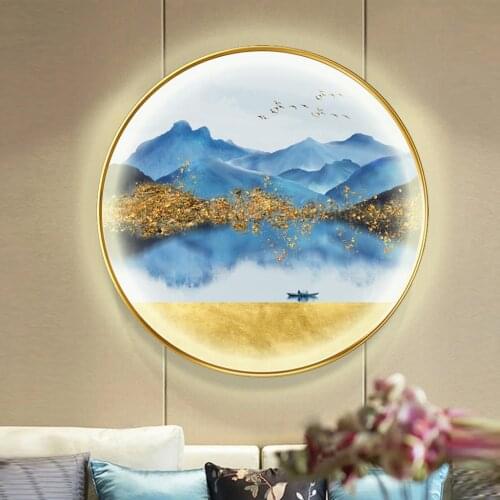 With LED Lamp Mural Round Decorative Painting Landscape Painting Living Room Wall Painting Bedroom Background Wall Painting