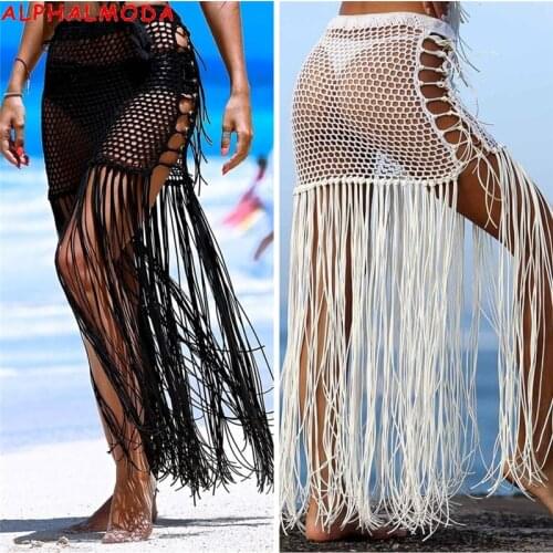 ALPHALMODA 2021 Summer Beach Hollow Tassle Swimming Skirt Iron Ring with Hand Woven Women Trendy Swimsuit Bikini Skirt