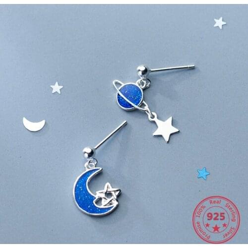 Pure 925 Sterling Silver Fashion Cute Sweet Blue Moon Stud Earrings for Women