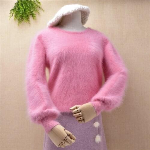 Women ladies sweet cute pink long sleeves Mink Cashmere knitted slim Jumper 100% Angora rabbit fur Bottoming Sweater Pull female