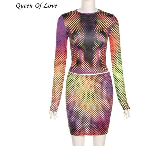 Gradient Polka Dot Printed Dress Outfit Women 2021 Autumn 2 Piece Women Long Sleeve Crop Top And Bodycon Skirt Matching Set