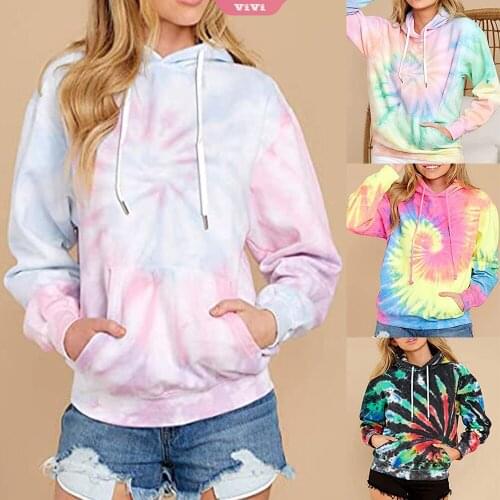 2021 Spring and Autumn Long-sleeved Sweater Women Loose Casual Round Neck Tie-dye Hooded Pocket Ladies Sweater