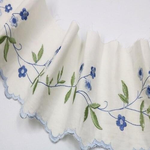 10Yards White Cotton Blue Flower Green Leaf Embroidered Scalloped Tulle Lace 10cm Wide High Quality Wedding Skirt Garment