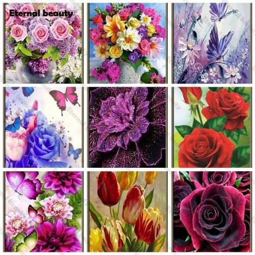 Flowers 5D Diy Diamond Painting Cross Stitch Diamond Mosaic Rose Full Round/round Drill Embroidery Home Decoration Wall Artwork