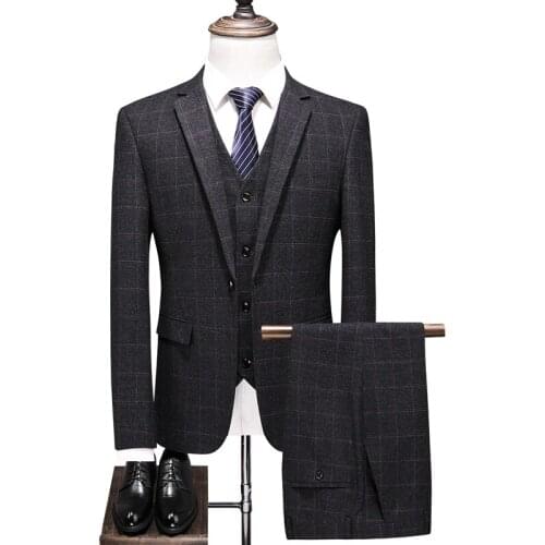 Blazer+Vest+Pants Groom Wedding Dress Plaid Formal Suits Set Men Fashion Boutique Woollen Business Casual Suit Three-piece