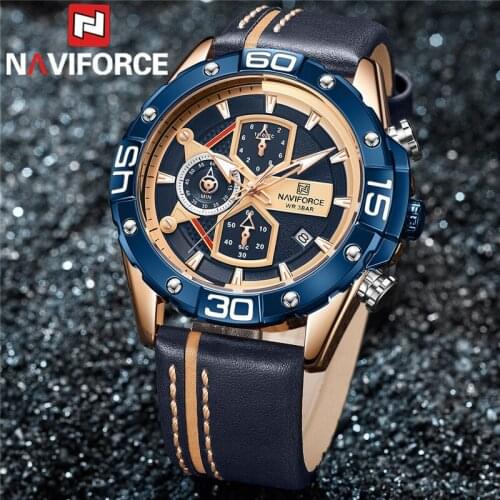 NAVIFORCE Fashion Men Watch Sport Man Wristwatch Top Brand Luxury Military Chronograph Genuine Leather Quartz Male Clock 8018