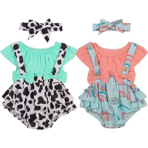 Infant Sleeveless T-shirt + Romper Overalls + Turban, Bow Decoration, Rainbow Pattern Summer Clothing 0-24M
