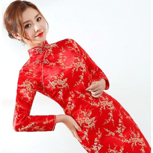 Red Chinese Bride Wedding Dress Sexy Women Satin Long Sleeve EVening Party Qipao Cheongsam Floral Formal Social Vestidos