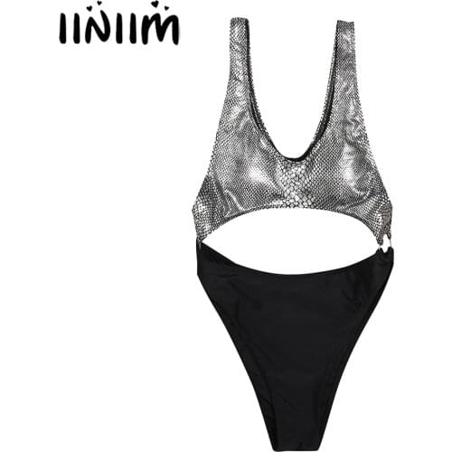 Women Fashion Summer Swimsuit One Piece Sleeveless Cutout Leotard Monokini Swimwear O Ring Patchwork Snakeskin Printed Bodysuit