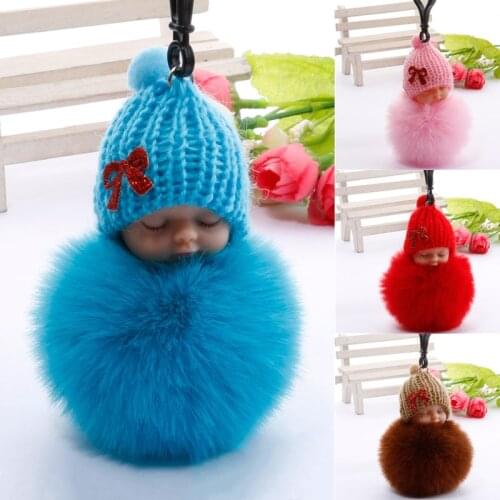 Cute Cartoon Sleeping Doll Keychain Fur Ball Plush KeyChain Keyring Women Handbag Car Key Holder Bag Pendant Toys for Kids Gift