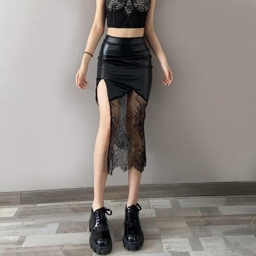New Spring Summer Fashion Women Punk Gothic Sexy Irregular Pu Lace Stitching Girls Harajuku Black Vintage Long Skirts
