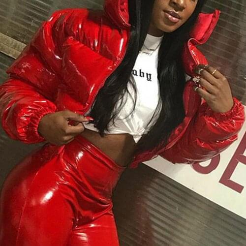 2021 zipper solid color coat high street coat winter womens short mirror pu coat stand-up collar full sleeves