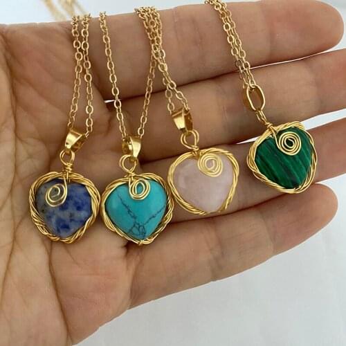 Heart Shape Brass Wire Wrapped Stone Pendant Necklace for Women Goldtone Metal Chain Handcraft Jewelry