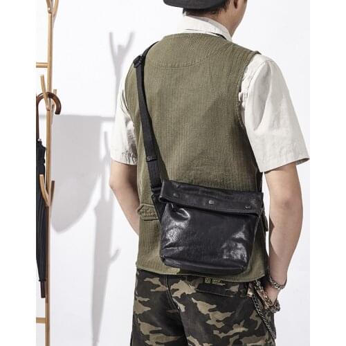 Retro fashion designer natural genuine leather mens shoulder bag daily weekend work youth rivet cowhide messenger bag