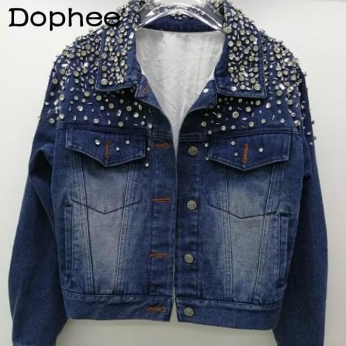2021 Autumn Winter Womens Fashion Clothing Retro Korean Heavy Rhinestone Denim Jacket Loose Casual Slim Fit Jean Jacket Coats