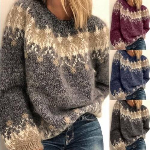 Autumn and Winter Knitted Sweater Women Vintage Casual O-Neck Patchwork Long Sleeve Pullovers Oversized Loose Tops