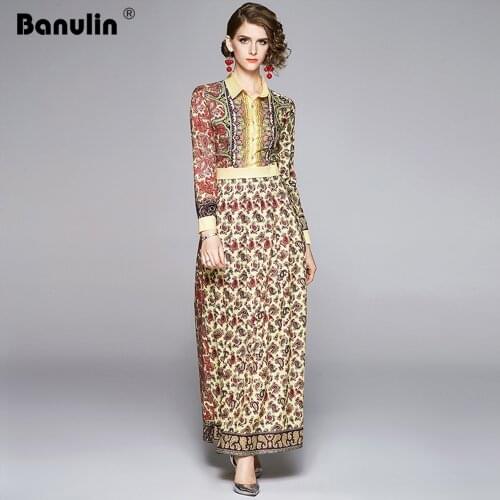 Banulin Runway Long DressES for Womens Turn Down Neck Long Sleeve Vintage Floral Print Maxi Dress Vestidos Mujer Ladies Dress