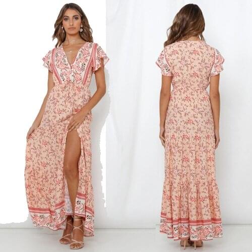 Womens clothing New Europe and AmericaVCollar chest button printed long split short sleeve printed dress