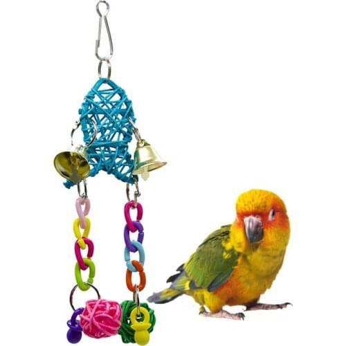 Parrot Chew Toy Fish Design Bird Rattan Ball Parrot Chain Toy Bird Cage Bell Toy Parrot Colorful Rattan Toy Cage Hanging Toy