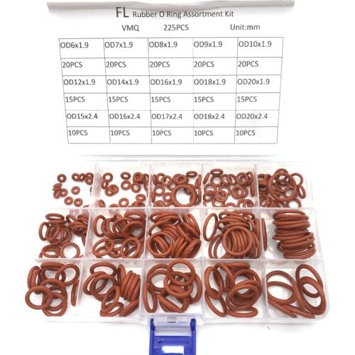 225pcs O Rings Red Silicone VMQ Seal Sealing O-Rings Silicon Washer Rubber Oring Set Assortment Kit Set Box Ring