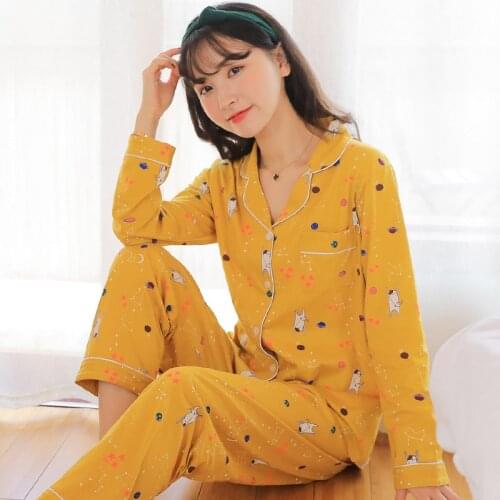 Long-sleeved Cotton Thin Lovely Homewear Spring And Summer Leisurewear Yellow Pajamas