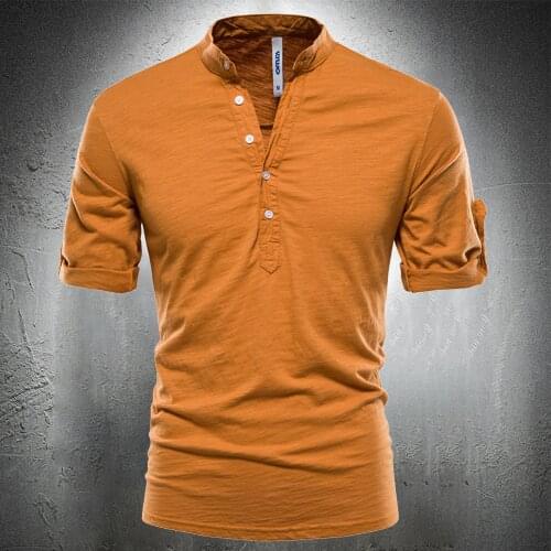 Mens Summer Tshirt Stand Collar V-neck Blouse Men Half Sleeve T Shirt Men Summer Fashion Clothing Breathable Solid Color Tee