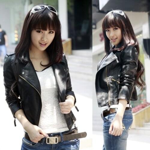 New Fashion Long Sleeve Lapel Short Slim Motorcycle Female PU Leather Casual Jacket Womens Jacket Size S-5XL