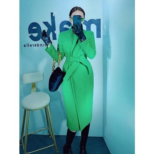 2021 New Autumn and Winter Woolen Overcoat Womens Middle and Long Korean Thickened Temperament Green Over the Knee Tweed Coat