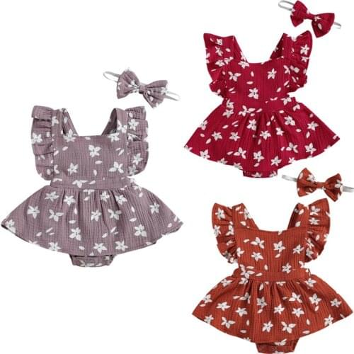 Newborn Baby Girl Romper Cotton Linen Floral Baby Romper Summer Sleeveless Jumpsuit Headband Casual Newborn One Piece Outfits