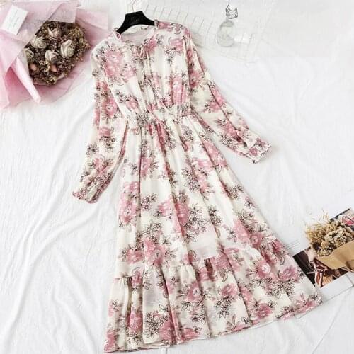Autumn Women Dresses Vintage Floral print Ruffles Flare Sleeve Chiffon Midi Dress Female Casual Party Long Sleeve Dress Vestidos