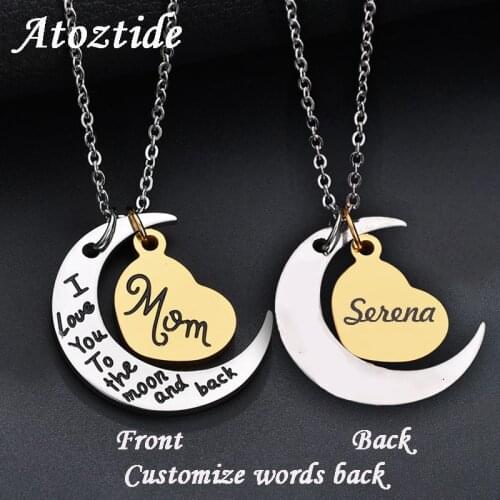 Atoztide Customized Back Stainless Steel I Love you to the moon and back Family Necklace Heart Engraved Letter Chain Necklace