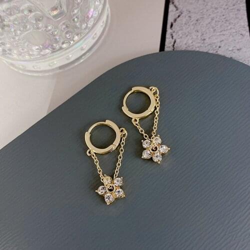 Korea Fashion Metal Circular Earclip Chain Zircon Flower Pendant Earring For Women Trendy Crystal Drop Earrings Jewelry