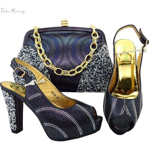 Dark Blue Italian Women Shoes and Bag Set African Lady Shoes Matching Bag Elegant Style with Shining Crystal For Party