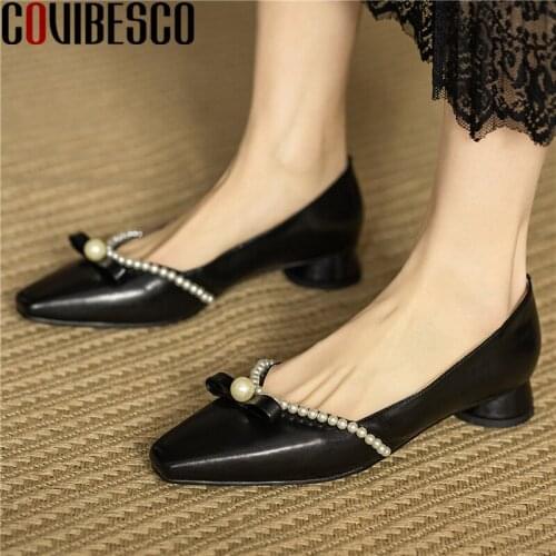 COVIBESCO Basic Working Casual Women Pumps Autumn Summer Genuine Leather Low Heels Butterfly-Knot Pearl Shallow Shoes Woman 2021