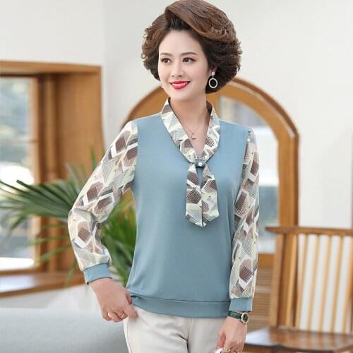 Spring Mother Clothing 5XL Plus Size T-Shirts Women Tops Casual Pullover Bow Tie Long Sleeve Chiffon Knitted Tee Shirts Femme