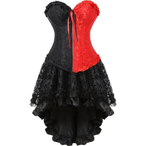 Corset Skirt Steampunk Lace up Boned Masquerade Embroidery Zip Bustier with Fluffy Pleated Layered Tutu Carnival Party Clubwear