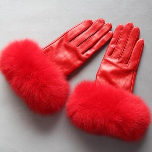 Womens natural big fox fur genuine leather glove ladys warm natural sheepskin leather plus size red driving glove R2445