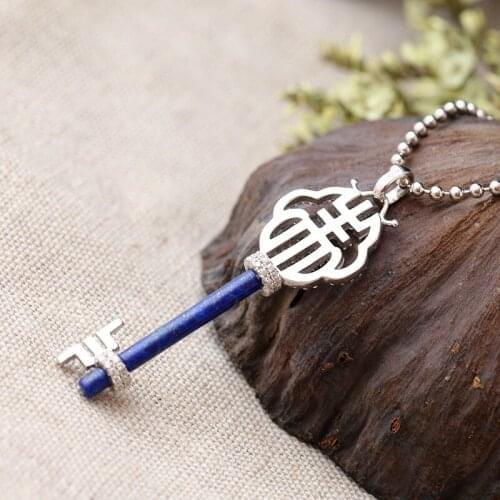 Wholesale Retro Thai Silver S925 Sterling Silver Key Pendant Handmade Natural Lapis Lazuli Silver Female Pendant