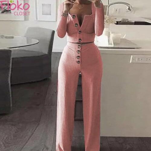 Flokocloset Autumn Casual Womens Suit Long Sleeve Single Breasted Crop Tops and High Waist Pants 2 Piece Sets Outfits