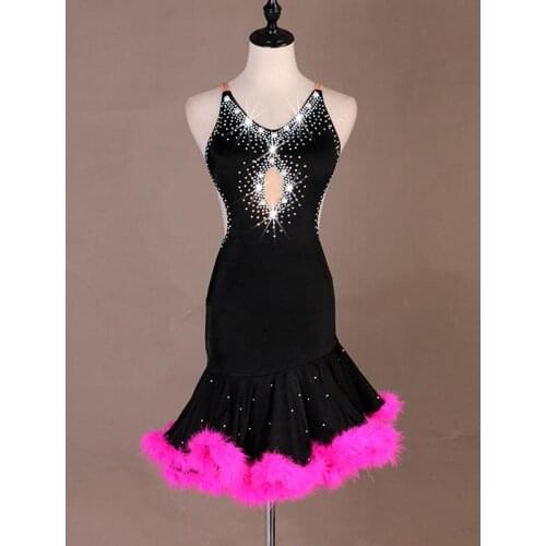 Custom Women Feather Latin Dance Dress Salsa Samba Rumba Tango Professional Competition Dresses Rhinestone Ballroom Costume