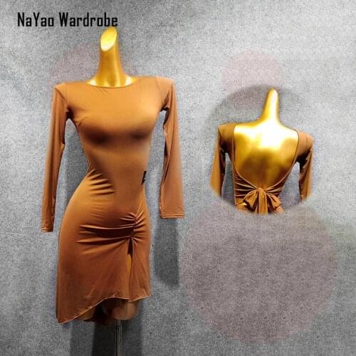 2020 New W319B Long Sleeve Bare back Sexy Latin Dance Dress Women Performance Costume Latin Ballroom Dresses Latino Dancewear